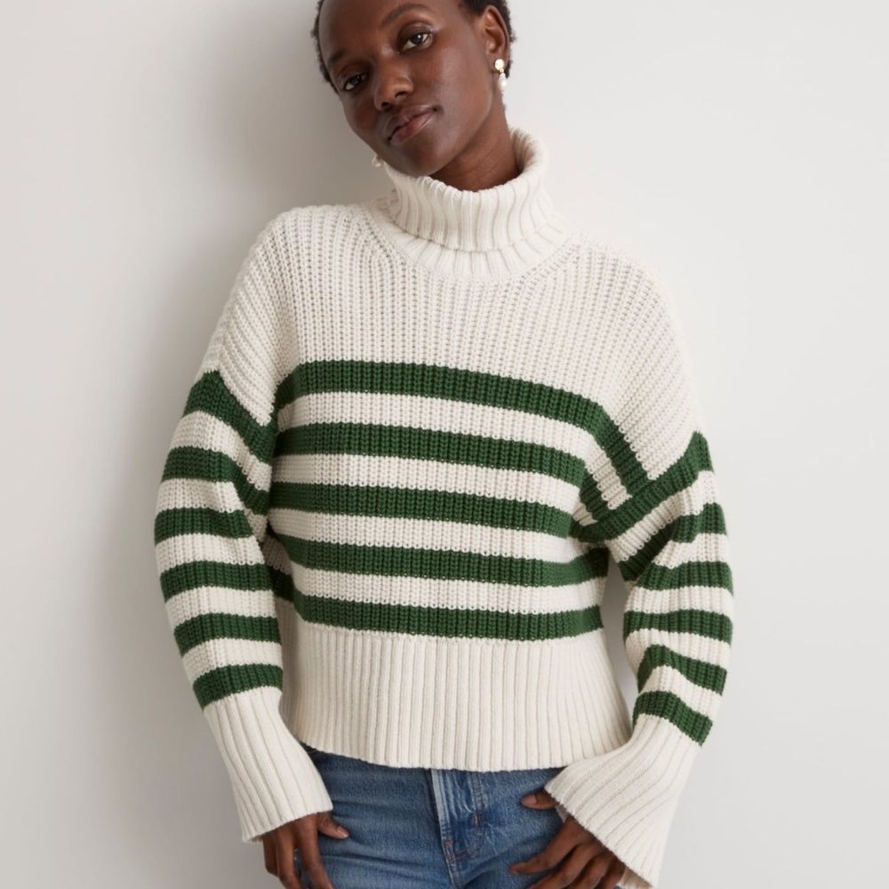 Madewell Wide Rib Chunky Knit Turtleneck Sweater - White Green Stripe | Size XS